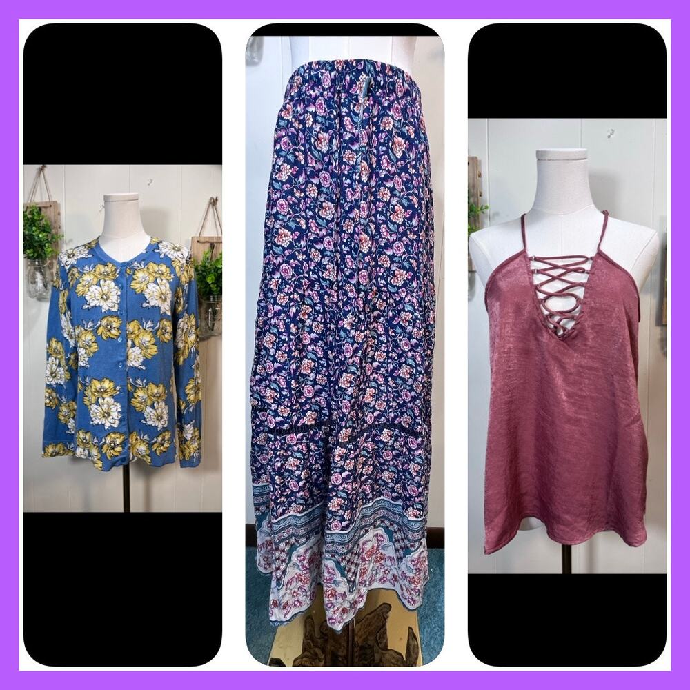 3 piece Lot Charter Club Cardigan R Vivimos Skirt Floral Iris Mauve Silky Tank L